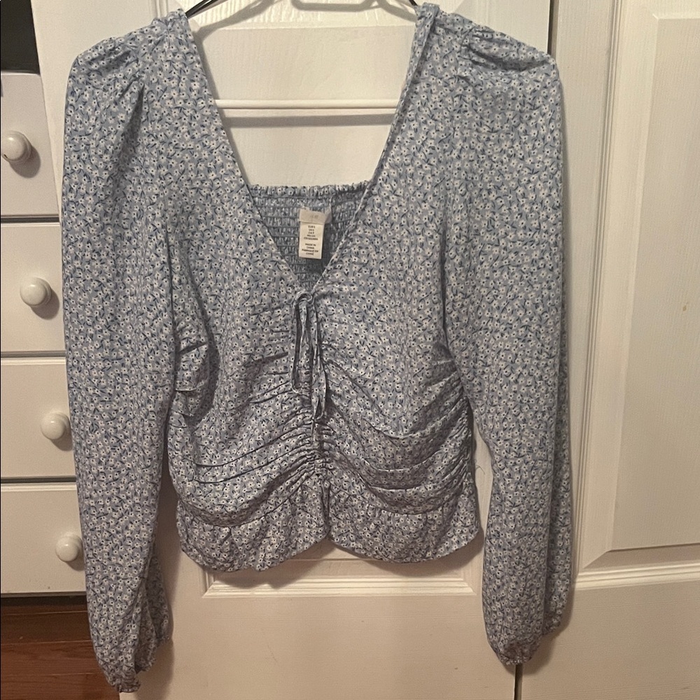 H&M Light Blue Floral Blouse with Ruched Detail
